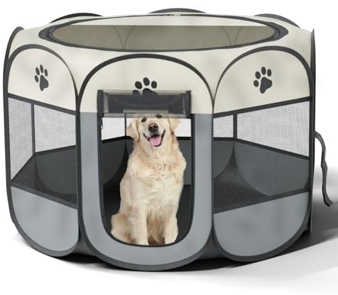 Welpenlaufstall 90x90x58cm Faltbar, Kleintiere Freigehege (Grau) | Großer Tierlaufstall Für Hunde, Katzen & Welpen, Atmungsaktives Mesh-Gewebe, Pop-Up Freilaufgehege Für Drinnen & Draußen