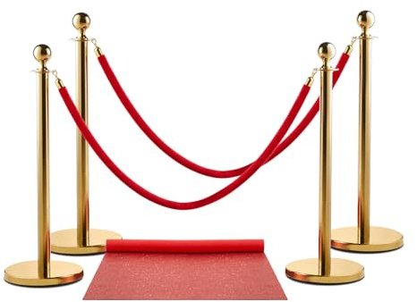 Zink Red Carpet Bundle - 4PCS 90 CM Stainless Steel Gold Stanchion Posts with 1.5M Velvet Rope and 0.75M x 2M Red Carpet for Parties, Photo Booths, Weddings, Theaters, and More