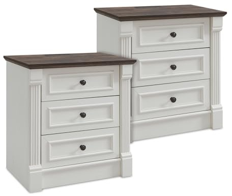 Aitjunz 26 Tall Farmhouse Nightstand Set of 2, 3 Drawers End Table w/Charging Station, 23.6 Wide Large Side Table w/Roman Column, Wood Rustic Sofa Table for Bedroom, White