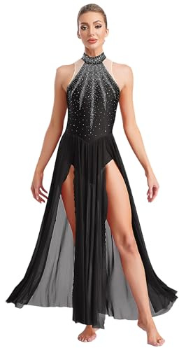 Fldy Damen Lyrischer Tanzkleider Lang Glitzer Ärmellos Trikot Mit Schlitz-Swingrock Contemporary Zeitgenössisches Tanzkostüm Schwarz XXL