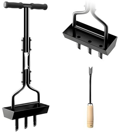 Rasenlüfter, Aerifizierer für Rasen, T-Griff Rasenbelüfter, Rasenspecht Aerifizierer, Eisenhandbuch Rasen Aerifizieren, Lawn Aerator Tool mit Ablageschale und Gartengeräten