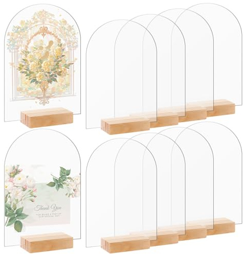LOPYXBR 10 carteles acrílicos con soporte de madera, reutilizables, números de mesa curvados, números de mesa de boda, números de mesa transparentes, acrílico para cumpleaños, bautizos, bodas