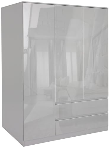 Blisswood 3 Door Grey Wardrobe with 2 Drawer Storage & Hanging Rails - Engineered Wood Triple Wardrobe for Bedroom Organiser with Shelves - High Gloss Wardrobe Cabinet - Cupboard - Bedroom Furniture