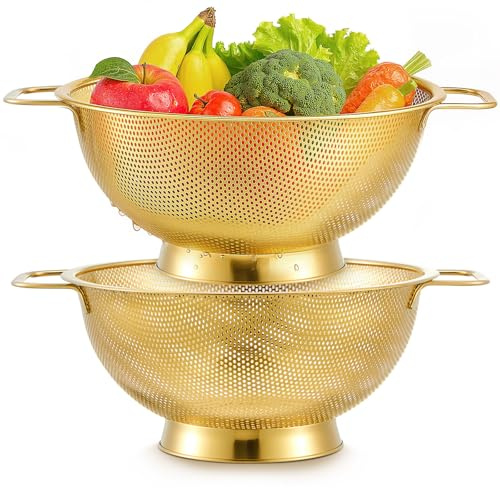 LemonRoad 2 Pack Colander 3-quart, Metal Strainer with Base and Handle for Fruits Vegetables Cooking Food, Dishwasher Safe (Gold)