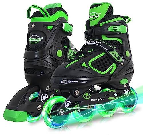 MammyGol Adjustable Inline Skates for Youth Adults with Light up Wheels, Green Beginner Blades Roller Skates for Women Men Size 8 9 10