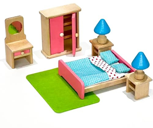 Quintrost Puppenhaus Möbel Set Holz Miniatur Möbel Set Puppenhaus Zubehör Puppenhausmöbel Mini Puppenhaus Möbel für Jungen, Mädchen und Kleinkinder Wooden Dollhouse Furniture Set