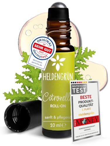Heldengrün® BIO Citronella Roll On [100% NATURREIN] Duftöl Mücken 10 ml | Dermatologisch getestet · Frischer Sommerduft, den Mücken nicht mögen · 2-in-1: Duft & Pflege · Deutsches Startup