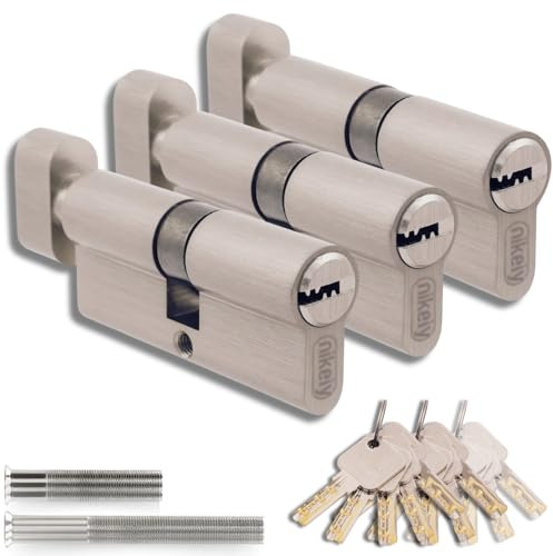 Set di 3 Cilindri con Pomello in Ottone 30/30mm con Chiave Unica, 15 Chiavi Incluse, 6 Viti, Serrature Universali per Porte e Garage, Lunghezza 60mm, Montaggio Facile