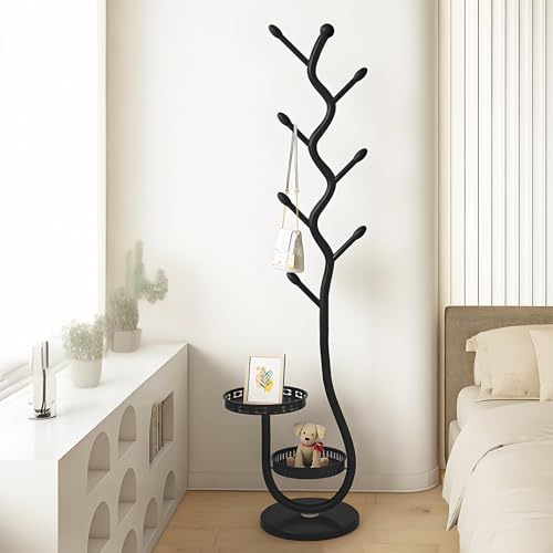 TETK Baumförmiger Garderobenständer mit 2 Ablagen, Jackenständer Stehend, Kleiderständer Schwarz mit Ablage, 8 Haken, Coat Stand, Kohlenstoffstahl, Hanger Stand, Lackiert, 29×29×170cm(Schwarz)