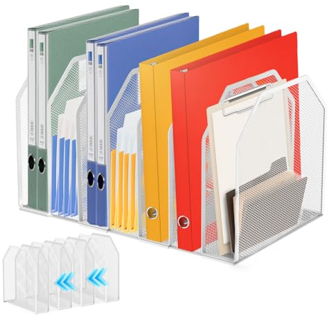 Jokapy Metall Schreibtisch Organizer mit Verstellbarer Trennwänden, Ordner Halter mit 7 vertikalen Fächern, Zeitschriftenhalter, Buch Organizer, Stehordner für Zuhause Büro Schule (weiß,7 Quadrate)