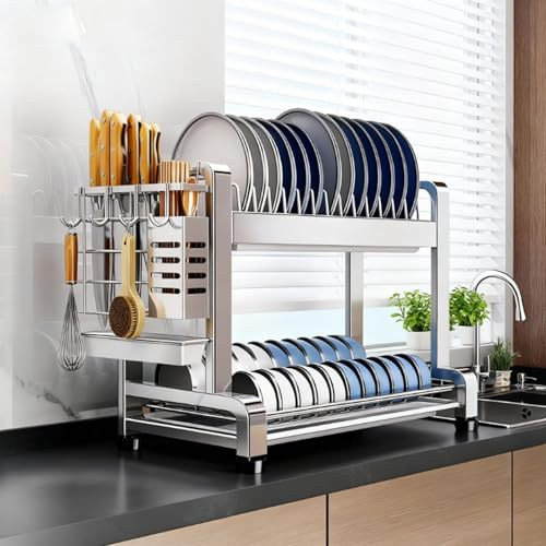 Escurridor multifuncional de gran capacidad en acero inoxidable 304,estante drenaje,almacenamiento cocina para tazones,platos y vajilla,Apto para encimeras de lavavajillas(34cm/13.4in,Double layer)