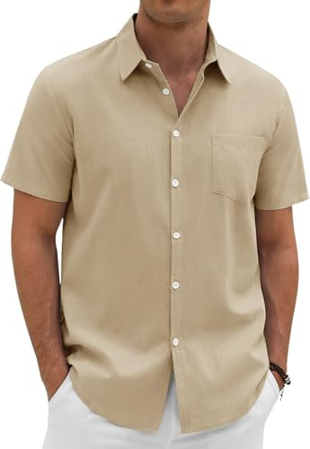 Xnova Chemise Lin Homme en Coton et Lin Chemise Homme Manches Courtes Été Regular Fit avec Poche Décontractée à Chemises Boutonnées pour Plage Vacances et Travail, Kaki, M