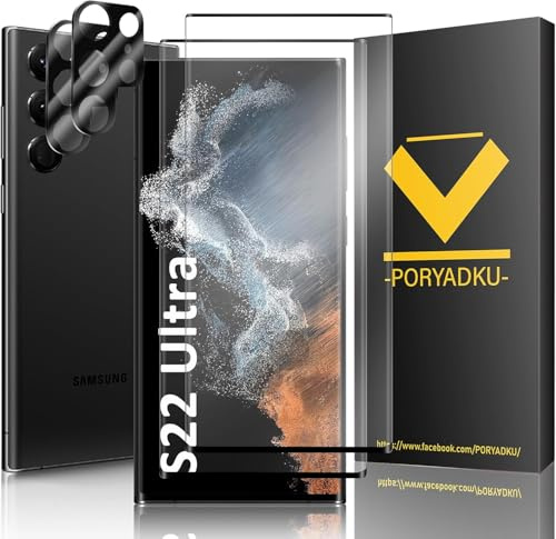 Protector de Pantalla para Samsung Galaxy S22 Ultra 5G, Película de Vidrio Templado 2 Piezas+ Protector de Lente de Cámara 2 Piezas, HD Clara, Sin Burbujas, 9H Dureza, Antihuellas, Anti-Scratch
