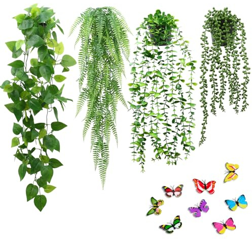 Otopone Artificial Plants Indoor, 4 Pack Fake Plants with Black Pots, 8 Artificial Butterflies,No Watering Hanging Plants for Home Wall Shelf Bathroom Office Indoor Outdoor Decor