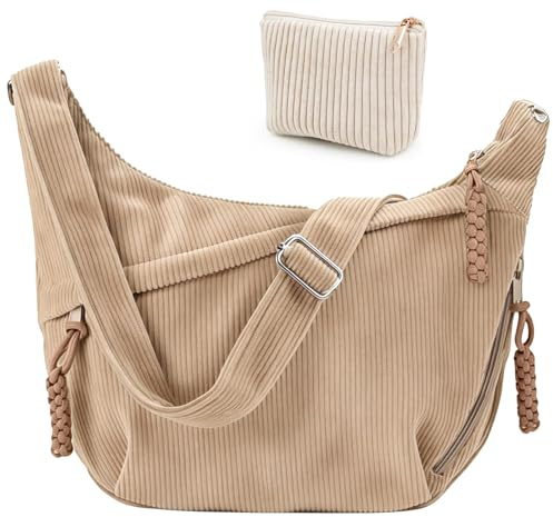 Mngevcy Umhängetasche Damen, Crossbody Bag Damen groß Cord Tasche + Kosmetiktasche, Cord Crossbag Halbmond Kord Schultertasche mit Reißverschluss und Baumwollfutter Verstellbarer Schultergurt