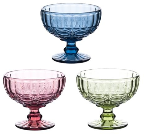 SUPVOX Lot de 3 Coupes à Glace en Verre Transparent Pied, Bols Décoratifs pour Desserts et Salades, Vaisselle Multifonction Cuisine et Repas, Motifs Bleus, Verts et Violets,