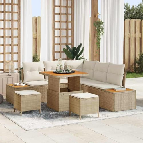 QUAHEAS Gartensofa-Set 8-teilig Beige Poly-Rattan, Modulares Loungesofa mit Akazienholz-Tisch für Terrasse, Balkon, Outdoor-Bereich