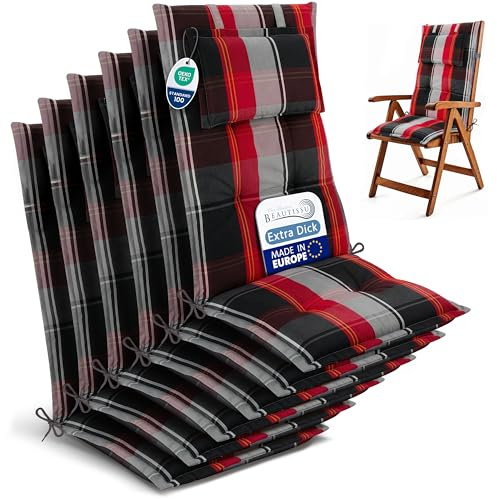 Beautissu 6er Set Gartenstuhlauflagen Hochlehner Sitzauflagen UV-Lichtecht | 120x50cm Schwarz Rot Weiß Kariert 7cm Polster Sitzpolster Gartenstuhl Gartenmöbel Auflagen Stuhlauflage Terrasse HighLux HL