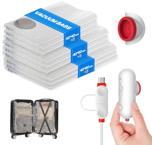 Vacbird Vakuumbeutel für Kleidung mit kompakter USB-Pumpe, 9 reisetaugliche | Konzipiert für Reise- und Konfektionsgrößen, mit dualen USB-A- und USB-C-Stromanschlüssen.