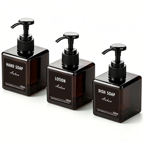 3 styck Såpdispenser, Såpdispenser Badrum 250 ml med Etikett för Bad Dusch Kök Schampo och Duschtvå - Brun
