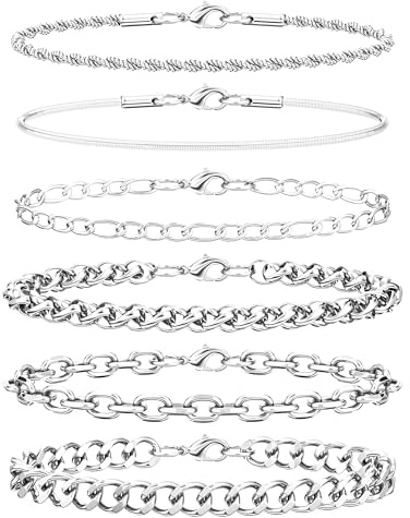 Aospkle 6PCS Stainless Steel Bracelets for Men Women, Silver Gold Black Cuban Link Rope Snake Wheat Chain Paperclip Figaro Jewelry Set, 7/8/9 Inches