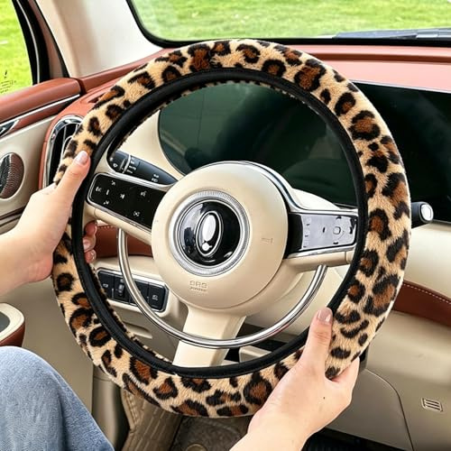 FOSDICK Lenkradbezug Leopardenmuster, Lenkradhülle Plüsch, Lenkrad Bezug Weich und Flauschig, Bequem Lenkradhüllen, Leopardenmuster Lenkradschutz Auto Zubehör, Lenkradschoner Universal 38cm / 15 Zoll