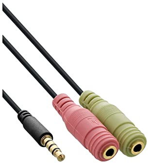 InLine 99302 K Casque câble Adaptateur Audio, fiche Jack 3,5 mm Quadripolaire vers 2 x Jack 3,5 mm Femelle, 2 m Noir