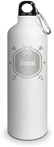 Trinkflasche mit Namen Sanni - graviert mit Hipster Layout, Aluminiumflasche mit Gravur, Sportflasche - matt weiß