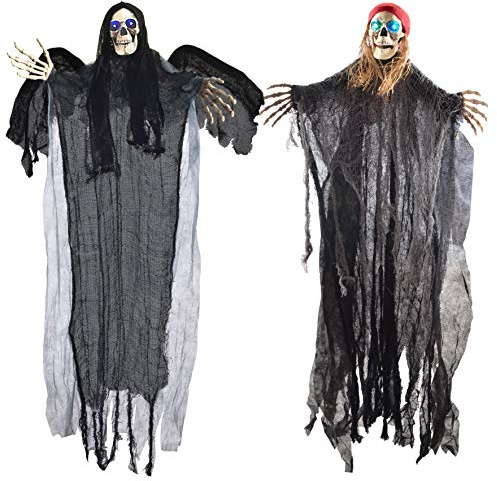 JOYIN 2 Stück Halloween Hängende Skelett Geister, 1 m, EIN Fliegender Sensenmann und EIN Skelett-Pirat mit LED-Blinkaugen, Beste Halloween Dekorationen