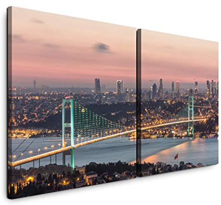 Paul Sinus Art GmbH Istanbul Brücke über Fluss 120x60cm - 2 Wandbilder je 60x60cm Kunstdruck modern Wandbilder XXL Wanddekoration Design Wand Bild