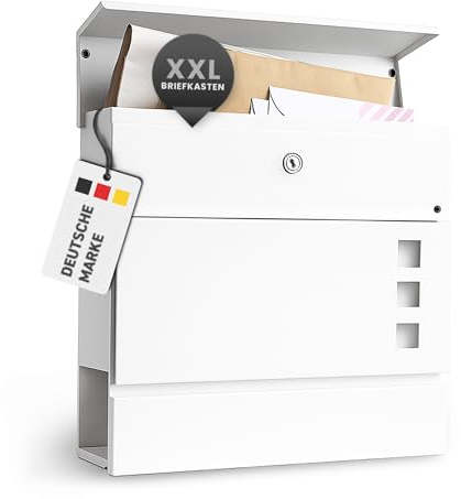 Rapid Teck® Design Briefkasten Modern 2 Weiß Silber mit Zeitungsfach, Stahl Pulverbeschichtet, abschließbarer Wandbriefkasten - Postkasten