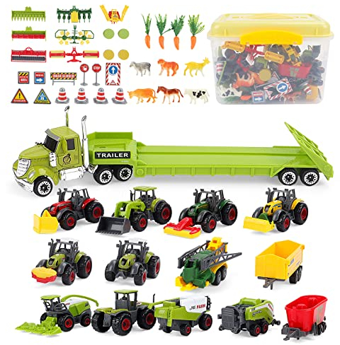 deAO 31 Stück Bauernhof Spielzeug, Druckguss Auto Set Inkl. Mähdrescher Spielzeug Set|Traktor Mit Anhänger|Farm Animals und weiteres Zubehör