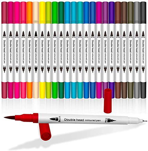 Madeki Feutres Coloriage, 24 Couleurs Double Pointes Fine 0.4mm et Pinceau 2mm Pour Dessin, Bullet Journal, Mandalas, Calligraphie