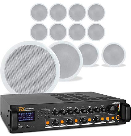Power Dynamics 4-Zone Ceiling Speaker System with 12x 8 Inch CSPB8 Ceiling Speakers, Bluetooth Mixer Amplifier & 100m Speaker Cable - Commercial PA Audio Solution for Music, Paging & Background Sound