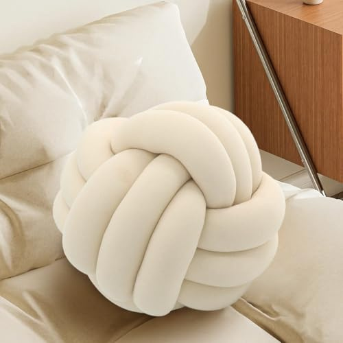 Ivory Knot Pillow Ball, Fluffy Handmade Decorative Throw Pillow, Soft Round Knotted Cushion for Couch & Bedroom, Cute Home Decor Ball Pillow for Living Room (10.6 Inches)