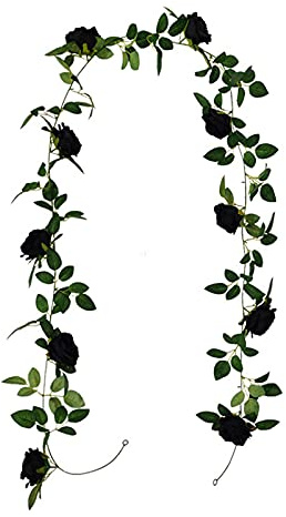 JFBUCF 2,5 m Künstliche schwarze Rose Rebe, Künstliche Eukalyptus Girlande mit schwarzen Rosen, hängende Blumengirlande für Halloween Home Party Hochzeit Hintergrund Dekor