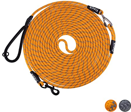 Floxik Schleppleine für Hunde | 5m, 10m, 15m, 20m orange | reflektierende Tauleine mit Abnehmbarer Handschlaufe | auch optimal als Trainingsleine für Welpen geeignet