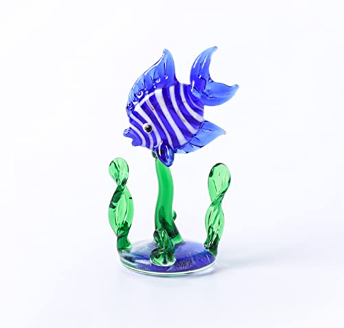 Farbige Glasurkunst Blauer tropischer Fisch grünes Wassergras Glasfigur handgefertigt mundgeblasenes Glas Briefbeschwerer Geschenk für Geburtstag Heimdekoration Tischdekoration
