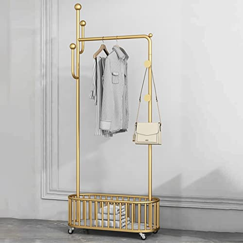GIZNXBA Garderobenständer Mit Rädern, Standgarderobe Metall Kleiderständer Mit Ablage Und 3 Seitenstangen, Freistehender Kleiderständer Tragbare Für Jacken, Taschen (Color : Gold, Size : 70cm)