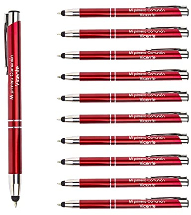 Packs 100 bolígrafos PERSONALIZADOS con texto o nombre | Color rojo y puntero para dispositivos móviles | Grabado a láser | Lote bolígrafos publicitarios y merchandising, eventos: comuniones, bodas...