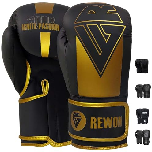 REWON Gants de Boxe - Homme Femme Gants Combat 8-16oz pour Muay Thai Kickboxing Sparring MMA Arts Martiaux entraînement Sac de Boxe Noir, doré