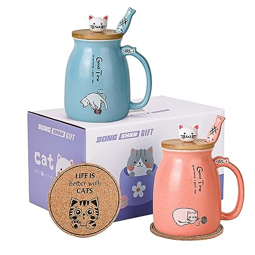 Juego de 2 tazas de gato Taza de Té Gato Taza de Cerámica con Tapa y Cuchara Kawaii Tazas para Mujer 500ml Navidad Cumpleaños Taza Regalo Gato (Azul y rosa)
