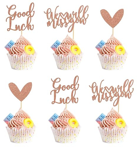 Arthsdite 24Pcs We Will Miss You Cupcake Toppers Glitter Red Love Heart Good Luck Cupcake Picks Retirement Theme Going Away Party Cake Decorations - Rose Gold Glitter
