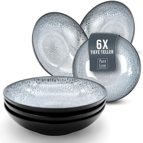 Juego de 6 Platos Hondos de Gres Serie Ibiza - Elegantes para Pasta y Sopa - Vajilla Completa Moderna para 6 Personas - Llanos Estilosos - Pure Living en Azul Humo