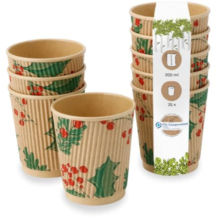 BIOZOYG 25 Stück braune Riffelbecher/Kaffeebecher Pappbecher Wintermotiv 'Zweige' 200ml / 8 oz - umweltfreundlich recycelbar & ungebleicht - Kaffeebecher to go