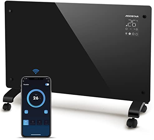 Aigostar Radiador Electrico Bajo Consumo Silencioso, Conexión Wi-Fi, Pantalla Táctil LED, Convector Eléctrico Panel de Vidrio Ultra Fino, Temporizador de 24H, 3 Modos y ECO, Temperatura Ajustable