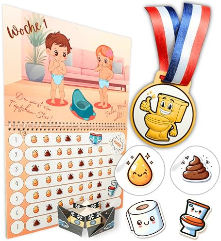 dodo toys - fun4you Der ultimative Töpfchen Lernkalender für Kinder, Töpfchentraining, 300+ Stickern, Montessori-inspiriert, rissfest & abwischbar, Sichere Silikonmedaille, hochwertige Grafiken