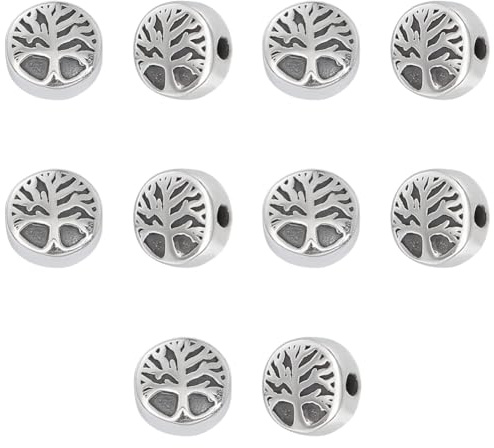 UNICRAFTALE 10 Stück Retro 304 Edelstahl Abstandshalter Flach Rund Mit Lebensbaum Perlen Antik Silber Lose Baumperlen Kleine Lochperlen Für DIY Armbänder Halsketten Schmuckherstellung