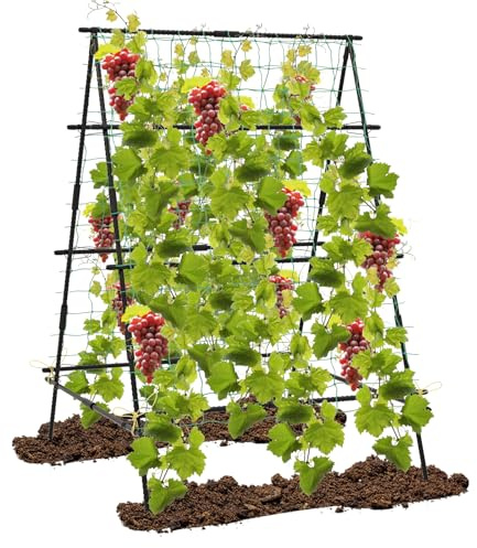COSTWAY Treillis de Jardin pour Plantes Grimpantes avec Cadre en A et Filet | Support de Croissance pour Plantes avec Poteaux Métalliques Forme Réglable, pour Fleur Vigne Légumes