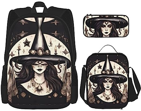 YANDM Many Blue Roses Rucksack, 3-teiliges Set, Reisen, Wandern, leicht, Laptop-Federmäppchen, isolierte Lunchtasche für Damen, Magic Witch Witchcraft Bohemian, Einheitsgröße